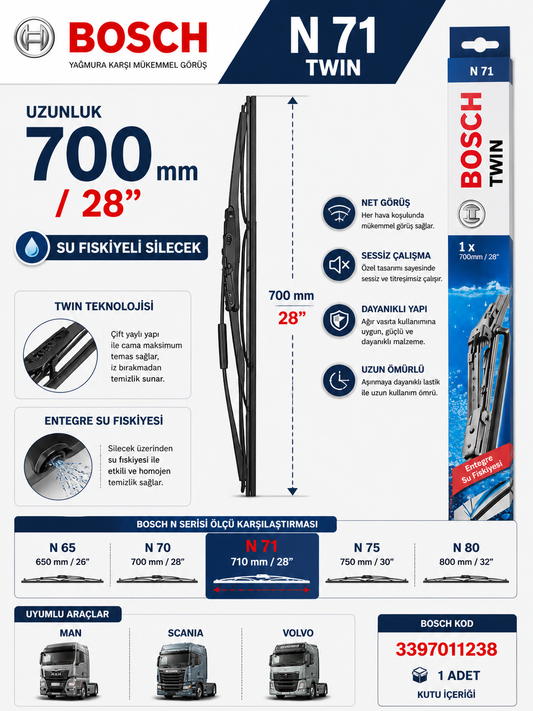Bosch 3397011238 Twin N71 Fıskiyeli Silecek Süpürgesi 700mm Actros MP2 MP3 Scania Bosch