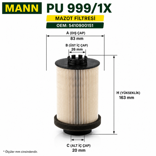 Mann Filter PU 999/1X Mazot Filtresi Mercedes Actros Axor Setra Travego Uyumlu A5410900151 Mann Filter