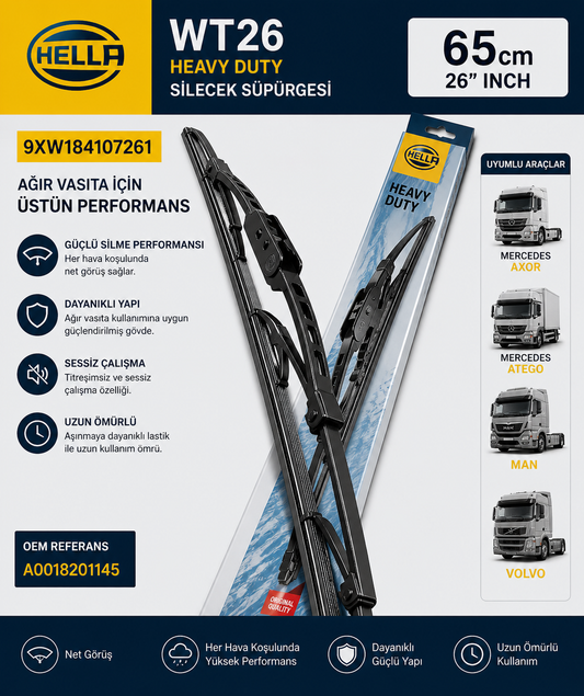 Hella 9XW184107261 Silecek Süpürgesi 650 Cm Tekli Mercedes Axor Atego Volvo Hella