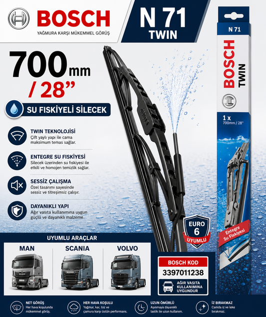Bosch 3397011238 Twin N71 Fıskiyeli Silecek Süpürgesi  700mm Actros MP2 MP3 Scania Bosch