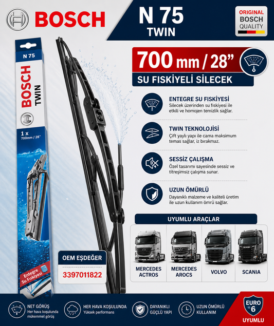 Bosch 3397011822 Twin N75 Silecek Süpürgesi 700mm Actros Arocs Volvo Euro 6 Yeni Model Bosch