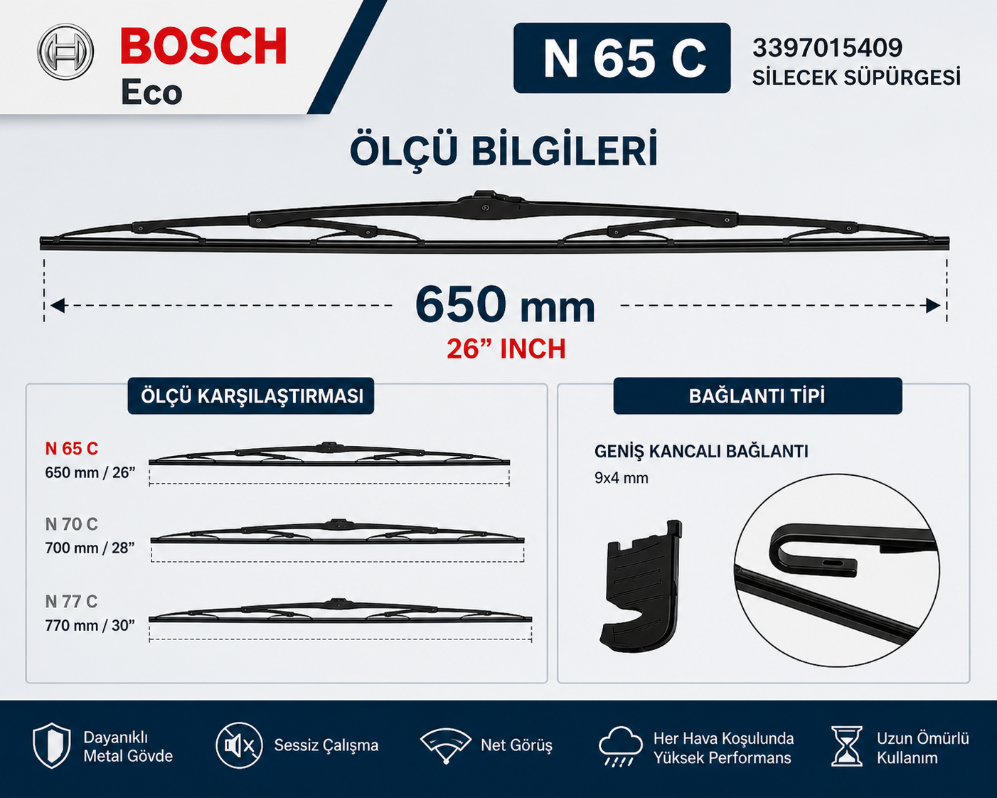 Bosch 3397015409 N65  Silecek Süpürgesi 650mm (65cm) Tekli  Eco Truck Mercedes Axor Atego  Man Uyumlu A0018201145 Bosch