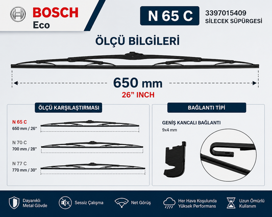 Bosch 3397015409 N65  Silecek Süpürgesi 650mm (65cm) Tekli  Eco Truck Mercedes Axor Atego  Man Uyumlu A0018201145 Bosch