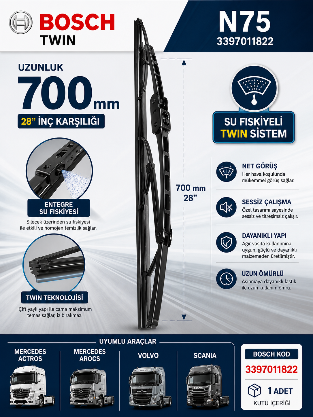 Bosch 3397011822 Twin N75 Silecek Süpürgesi 700mm Actros Arocs Volvo Euro 6 Yeni Model Bosch