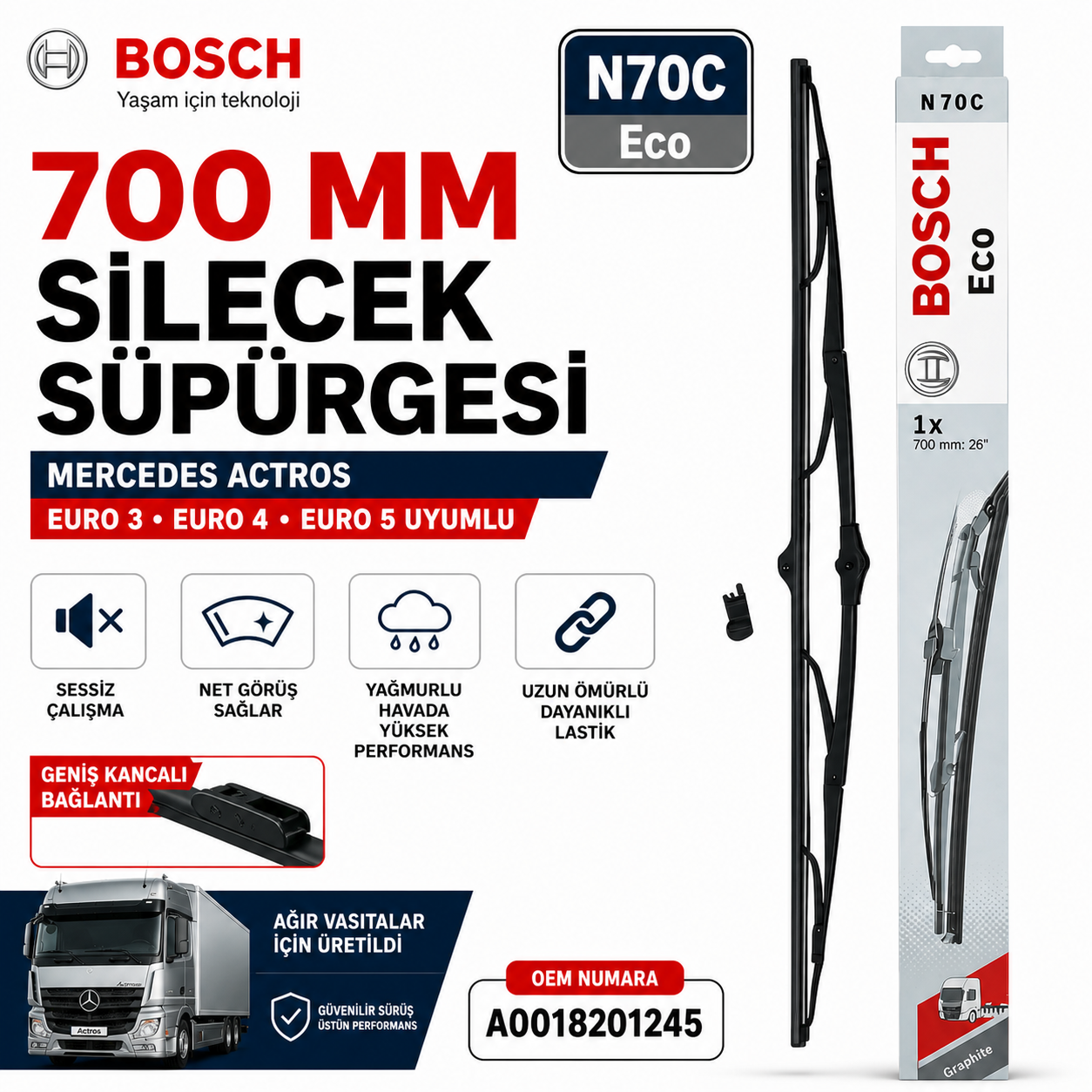Bosch 3397015410 N70 Eco Silecek 700mm Mercedes Benz Actros Axor Ford Cargo MAN Bosch